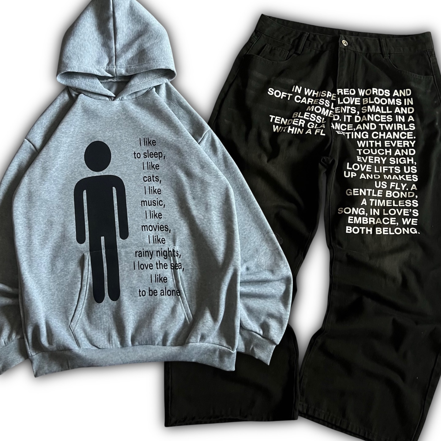 Embroidery Fashion - กางเกงยีนส์ลายอเมริกัน Y2K เสื้อฮู้ดดี้ผู้ชาย ชุดสตรีทแวร์สไตล์โกธิค ฮาราจูกุ ฮิปฮอป