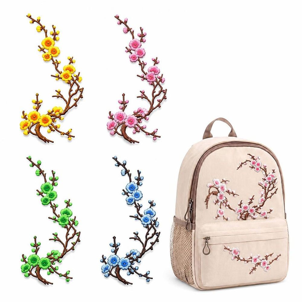 Embroidery Patch - แผ่นปะลายดอกซากุระแบบ DIY สำหรับรีดติดและเย็บติด พร้อมกาวร้อนละลาย แผ่นปะลายกิ่งซากุระสำหรับงานปักตกแต่ง