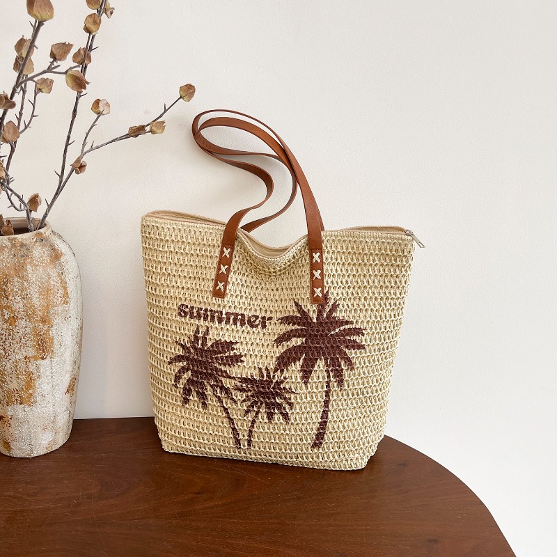 Embroidery Bali - กระเป๋าสานลายปักต้นมะพร้าวสไตล์เรียบง่าย ขนาดใหญ่ สำหรับผู้หญิง สไตล์บาหลี โบฮีเมียน กระเป๋าช้อปปิ้ง
