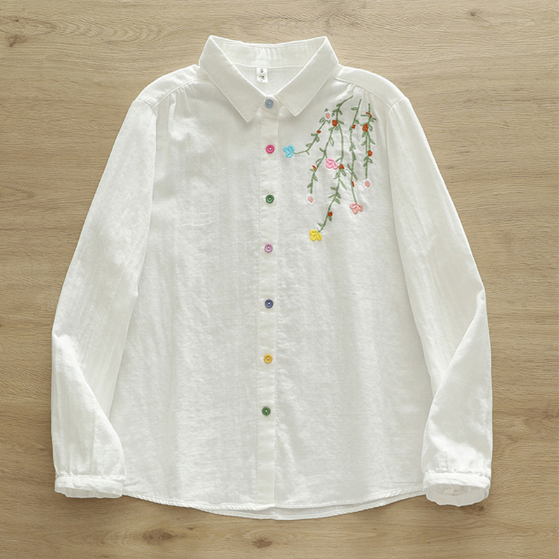Embroidery Artist - ฤดูใบไม้ร่วงผ้าฝ้ายสองชั้นแขนยาวบลูซาเสื้อผ้าผู้หญิงปักดอกไม้หลากสีสันพร้อมเสื้อและเสื้อเบลาส์ศิลปะ U133