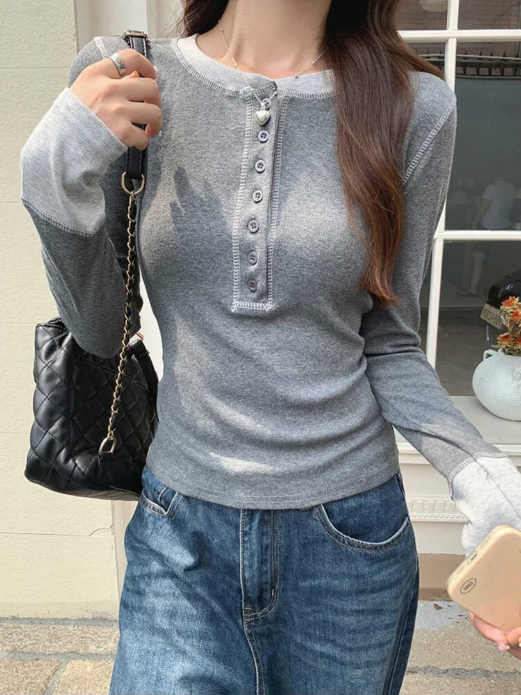 Embroidery Fashion - เสื้อยืด Y2K ลายปะติดปะต่อ 2025, เสื้อครุ๊งจ์สีตัดกัน, เสื้อยืดลำลองทรงเข้ารูปสไตล์ฮาราจูกุสำหรับผู้หญิง