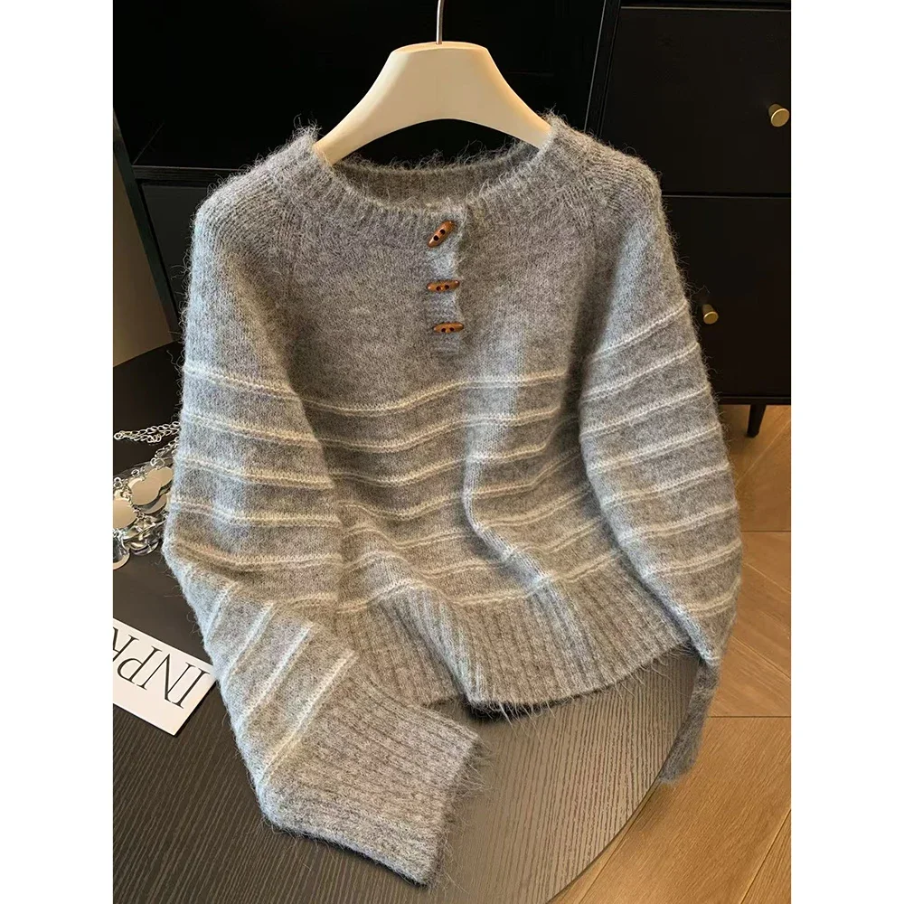 Embroidery Fashion - เสื้อสเวตเตอร์ไหมพรมแคชเมียร์ลายทางสำหรับผู้หญิง ฤดูใบไม้ร่วง ฤดูหนาว ทรงหลวม อุ่นสบาย เสื้อถักแบบสวม