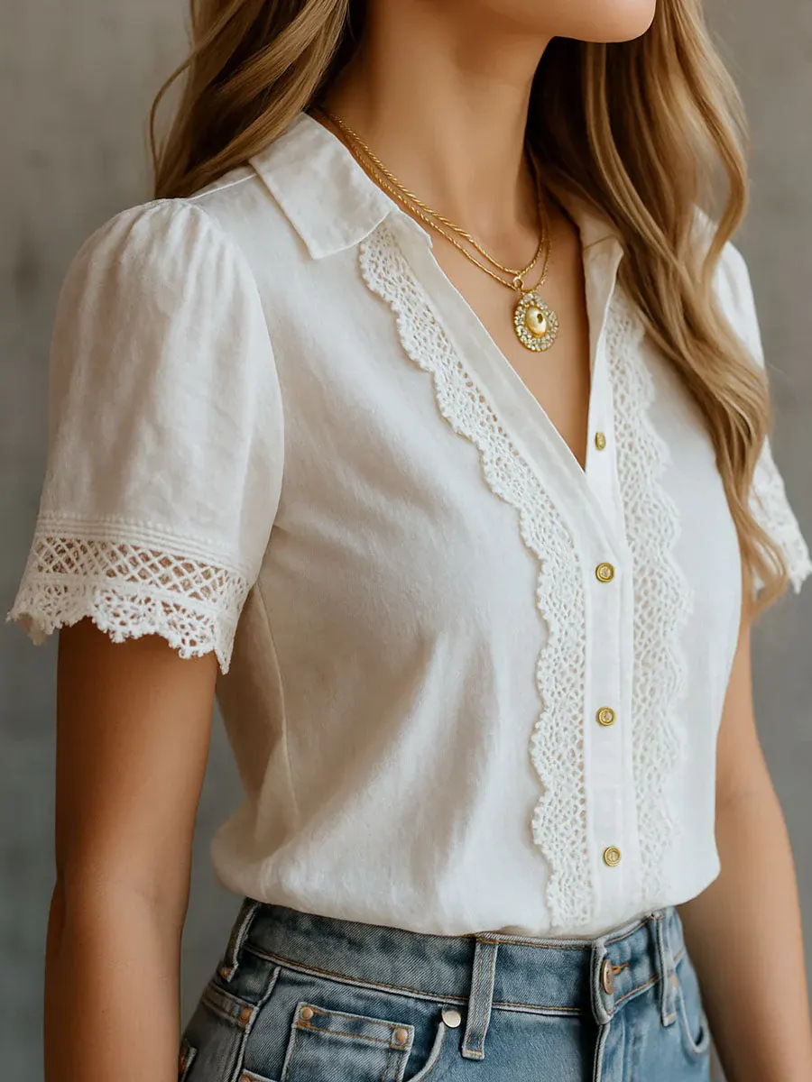 Embroidery Online - เสื้อเชิ้ตผู้หญิงหรูหรา สไตล์ลำลอง สีพื้น ปกเสื้อติดกระดุม ปักลายลูกไม้ ตกแต่งด้วยผ้าปะติดปะต่อ