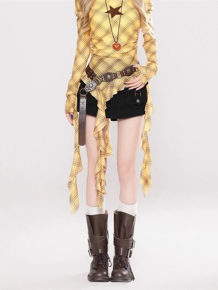 Embroidery Fashion - เสื้อยืดวินเทจลายสก๊อต Y2K สำหรับผู้หญิง, เสื้อรัดรูปสไตล์กรันจ์, เซ็กซี่สไตล์แฟรี่
