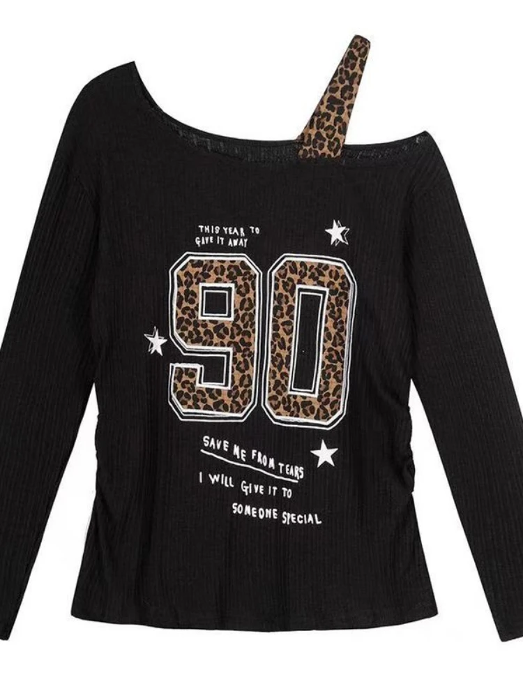 Embroidery Fashion - เสื้อยืดลายเสือดาวสไตล์ Y2K แบบแพทช์เวิร์คสำหรับผู้หญิง ทรงหลวม สตรีทแวร์ สไตล์กรันจ์
