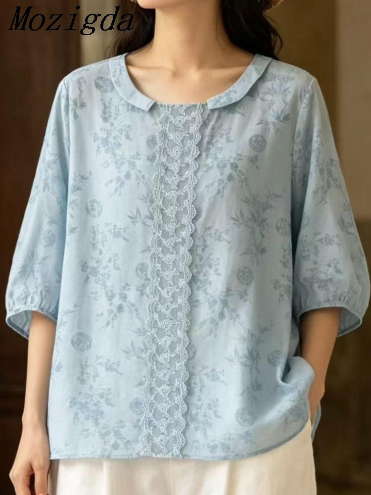 Embroidery Artist - เสื้อชีฟองฤดูร้อนพร้อมงานปักศิลปะ เสื้อเชิ้ตหลวมสำหรับผู้หญิง แขนสั้น น้ำหนักเบา ผ้ารามี เสื้อผู้หญิง