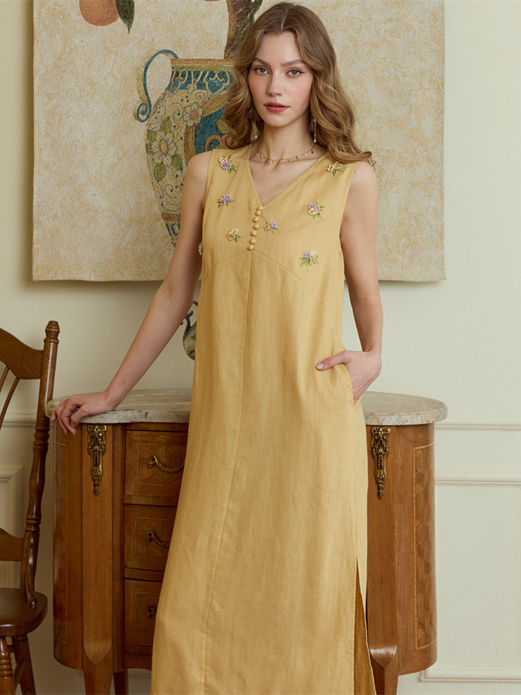 Embroidery Yellow Dress - เดรสยาวฤดูร้อนสำหรับผู้หญิง ขนาดอก 86-98 ซม. สไตล์ฝรั่งเศสวินเทจ ผ้าลินินสีเหลือง