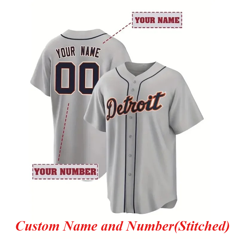 Embroidery Uniforms - ที่กําหนดเองชื่อและหมายเลขผู้ชายเย็บปักถักร้อยเบสบอลดีทรอยต์สีเทา V คอแขนสั้นปุ่มลง DIY เสื้อ